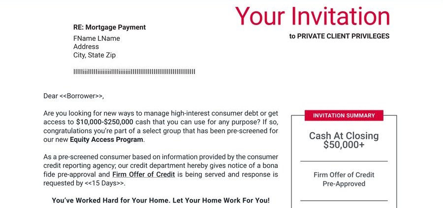 HELOC direct mail letter from the Xcelerant archive, client name removed